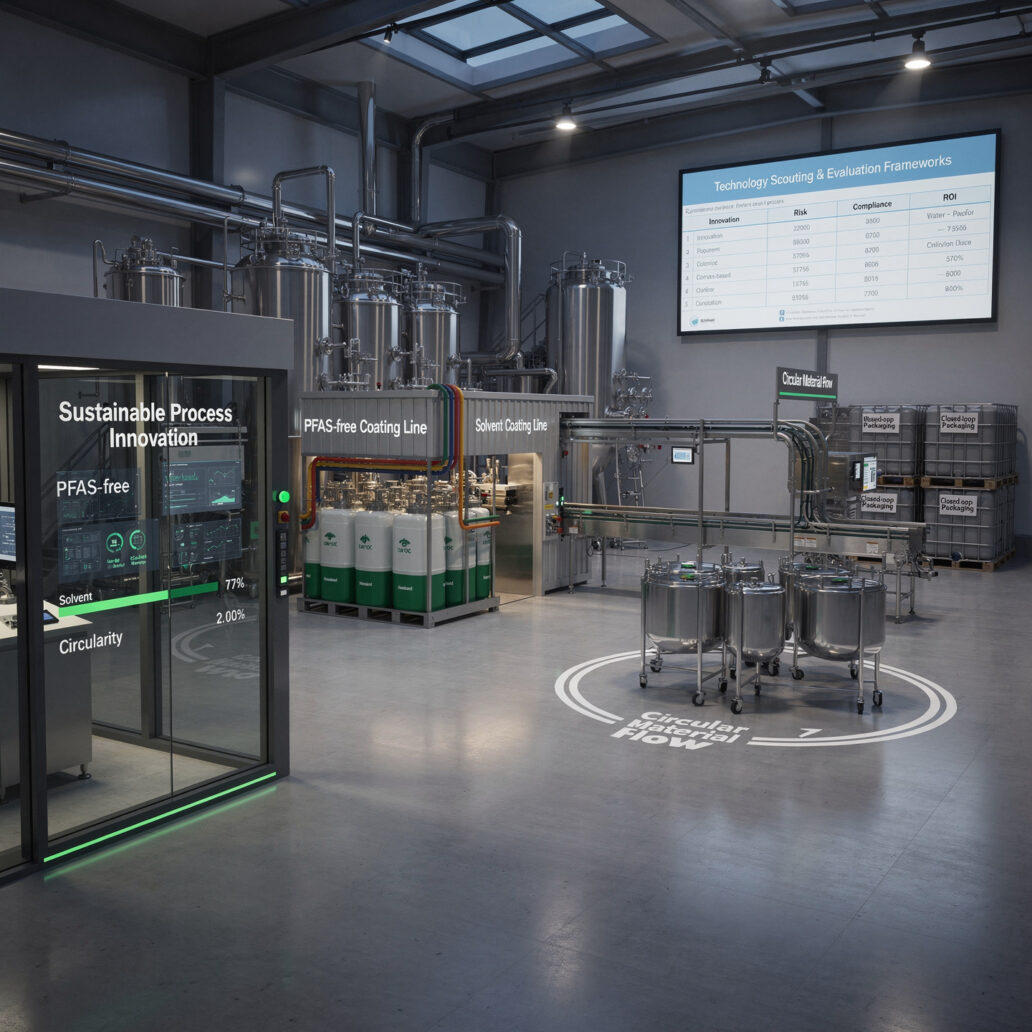 FutureBridge sustainable process innovation roadmap helping industrial manufacturers identify PFAS-free materials, reduce solvent use, accelerate regulatory compliance, and commercialize circular technologies.
